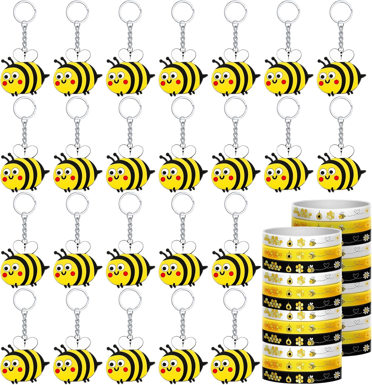 48 Pieces Bee Rubber Bracelets and Keychains